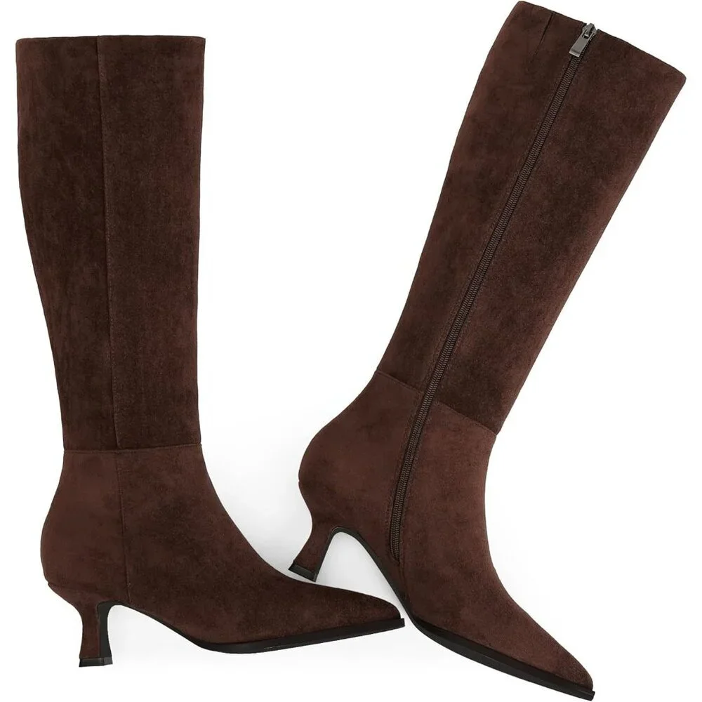Women's Chocolate Suede Kitten Low Heel Toe Side Zipper Long Tall Knee High Boot